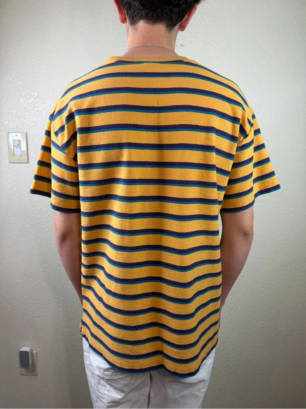 Urban Outfitters Mens Striped Pocket T-Shirt Size M Yellow Blue Retro Y2K Skate
